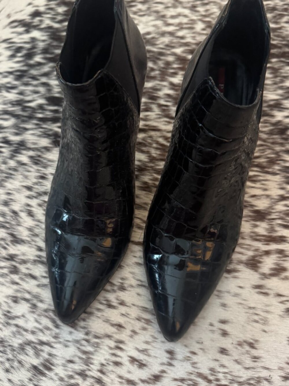 Prada Black Croc Embossed Patent Leather Pointed Ankle Booties Size 37 - Picture 8 of 11